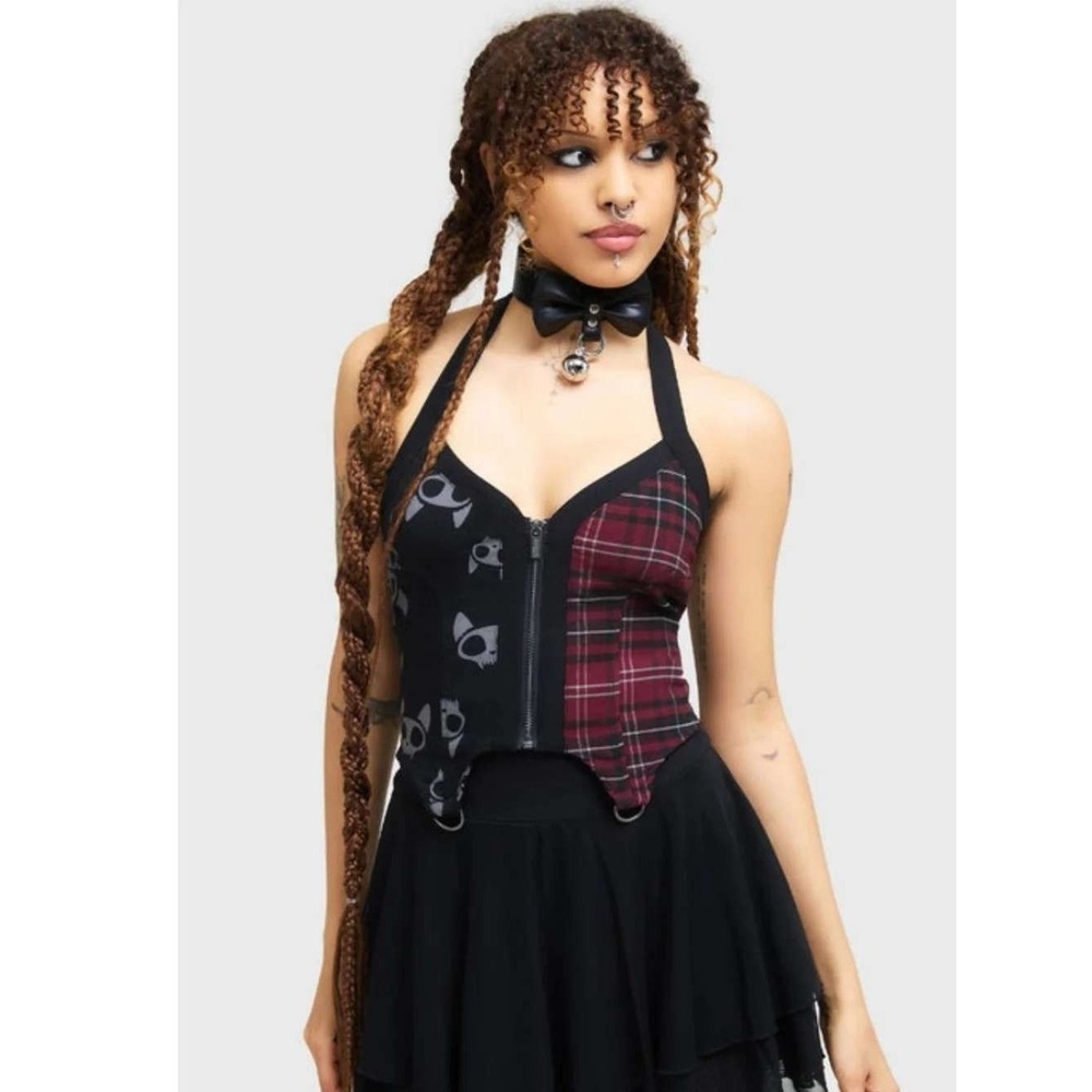 Killstar the vampurr halter top plaid cat skull print red black
